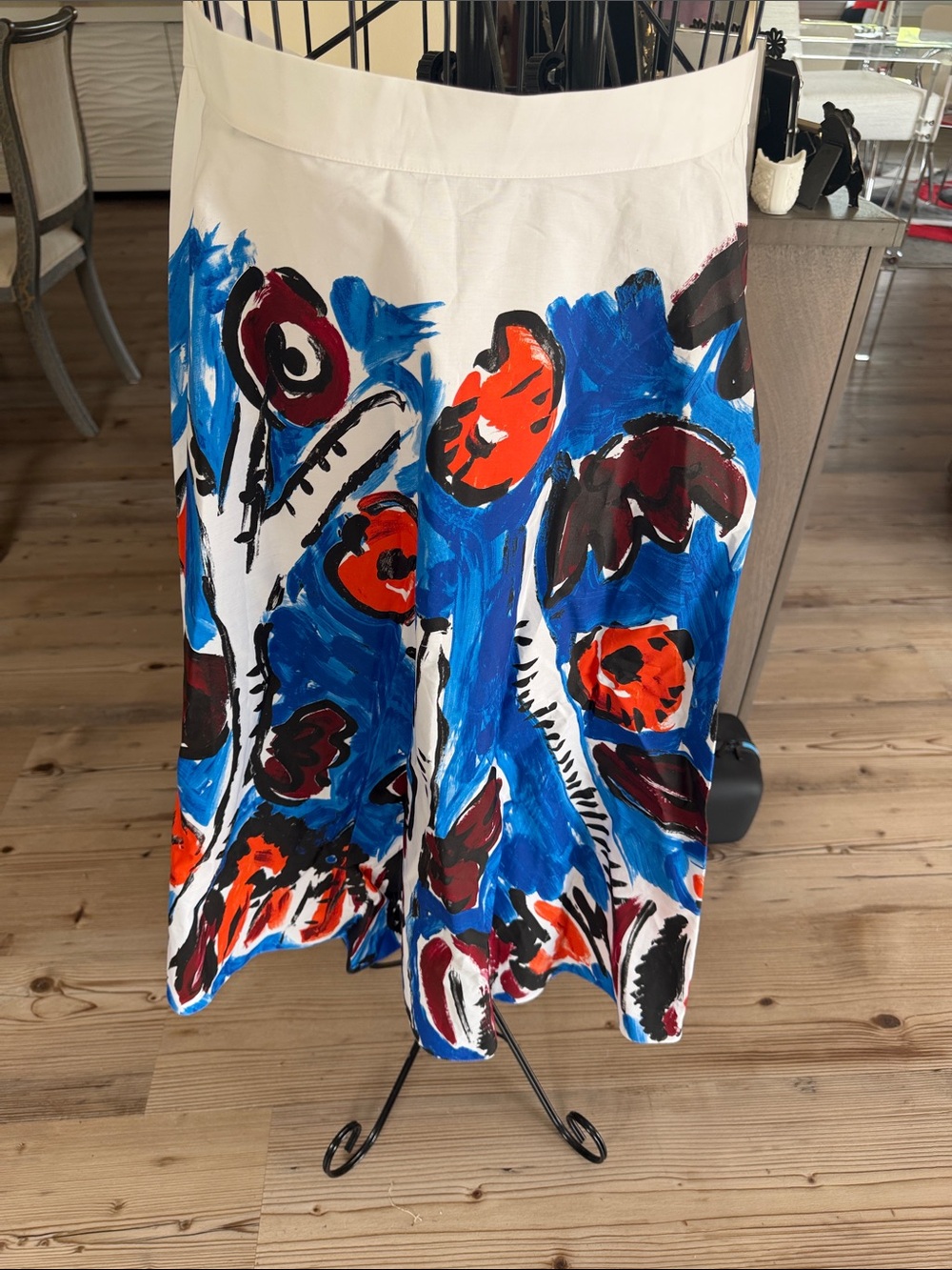 Marni White Floral Print A-Line Skirt with Blue & Orange Accents